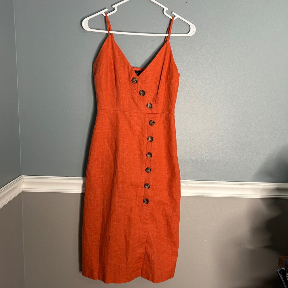 Forever‎ 21 Orange Linen Blend Button Front Midi Dress Spaghetti Straps Smocked
